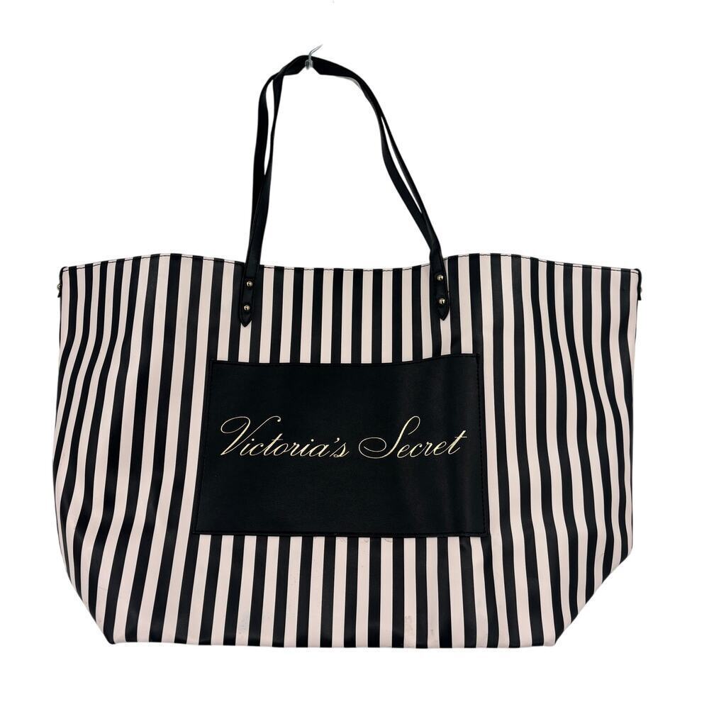 Victoria's Secret Faux Leather Tote Bag Black Stripe Weekender Shoulder Bag‎
